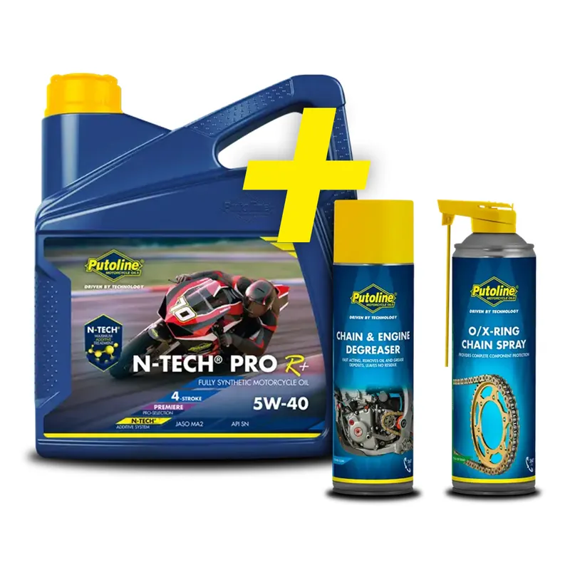 PUTOLINE PROMOCJA OLEJ SILNIKOWY 4T 100% SYNTETYK N-TECH® PRO R+ 5W40 4L (AKC)+ SMAR DO ŁAŃCUCHA O/X-RING CHAIN SPRAY 500ML + CHAIN AND ENGINE DEGREASER 500ML Szybka wysyłka