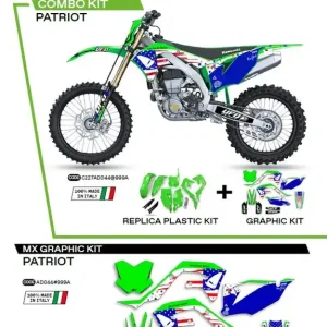 Bestseller UFO KOMPLET PLASTIKÓW PLUS KOMPLET NAKLEJEK (OKLEIN) KAWASAKI KXF 250 ‘21-‘22; KXF 450 ‘19-‘22 W ZESTAWIE PRZEDNIA TABLICA (KA04738) ORAZ OSŁONY AMORTYZATORÓW (KA04701) PATRIOT KOLOR OEM (ZIELONY/NIEBIESKI)