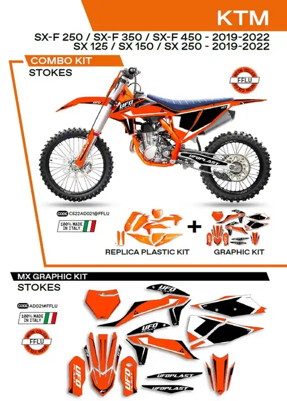 Kup online UFO KOMPLET PLASTIKÓW PLUS KOMPLET NAKLEJEK (OKLEIN) KTM SX/SXF 125/150/250/350/450 ‘19-‘22 W ZESTAWIE PRZEDNIA TABLICA (KT04094) ORAZ OSŁONY AMORTYZATORÓW (KT04055) STOKES KOLOR POMARAŃCZOWY NEON
