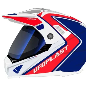 UFO KASK ARIES OFFROAD / DUAL / TOURER / CROSSOVER Z SZYBĄ, DASZKIEM I BLENDĄ PRZECIWSŁONECZNĄ KOLOR BIAŁY/CZERWONY/NIEBIESKI ROZMIAR S ( ECE 22R06 ) - KOLEKCJA 2024 Wysoka jakość