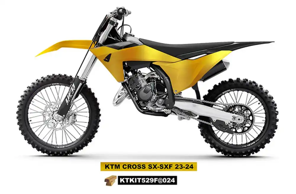 Bestseller UFO KOMPLET PLASTIKÓW Z OSŁONAMI TELESKOPÓW (AMORTYZATORÓW) KTM SX 125 / 250 / 300 ‘23-‘24, SX-F 250 / 350 / 450 ‘23-‘24 KOLOR ZŁOTY
