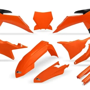 UFO KOMPLET PLASTIKÓW (FULL KIT) Z OSŁONAMI TELESKOPÓW (AMORTYZATORÓW) KTM SX 125 / 150 / 250 / 300 ‘25-‘26, SXF (SX-F) 250 / 350 / 450 ‘25-‘26 KOLOR OEM ( POMARAŃCZOWY ) Popularny