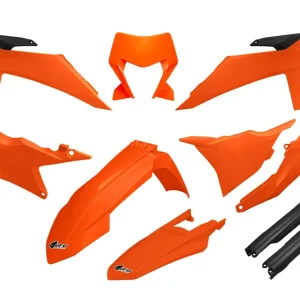 UFO KOMPLET PLASTIKÓW (FULL KIT) Z OSŁONAMI TELESKOPÓW (AMORTYZATORÓW) KTM EXC 150 / 250 / 300 TBI ‘24-‘25, EXC-F 250 / 350 / 450 / 500 ‘24-‘25 KOLOR OEM ‘25 ( POMARAŃCZOWY / CZARNY ) Premium