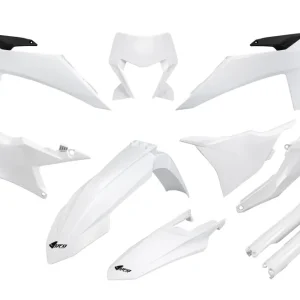 UFO KOMPLET PLASTIKÓW (FULL KIT) Z OSŁONAMI TELESKOPÓW (AMORTYZATORÓW) KTM EXC 150 / 250 / 300 TBI ‘24-‘25, EXC-F 250 / 350 / 450 / 500 ‘24-‘25 KOLOR BIAŁY Szybka dostawa