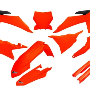 Wyjątkowa oferta UFO KOMPLET PLASTIKÓW (FULL KIT) Z OSŁONAMI TELESKOPÓW (AMORTYZATORÓW) KTM SX 125 / 250 / 300 TBI ‘23-‘24, SX-F 250 / 350 / 450 ‘23-‘24 KOLOR POMARAŃCZOWY FLUO
