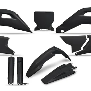 Wysoka jakość UFO KOMPLET PLASTIKÓW (FULL KIT) Z OSŁONAMI TELESKOPÓW (AMORTYZATORÓW) HUSQVARNA TC 125 / 150 / 250 / 300 ‘25-‘26, TX 300 ‘25-‘26, FC 250 / 350 / 450 ‘25-‘26, FX 350 / 450 ‘25-‘26 KOLOR CZARNY