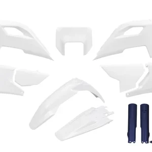 UFO KOMPLET PLASTIKÓW (FULL KIT) Z OSŁONAMI TELESKOPÓW (AMORTYZATORÓW) HUSQVARNA TE 150 / 250 / 300 ‘24-‘25, FE 250 / 350 / 450 / 501 ‘24-‘25 KOLOR OEM ‘25 BIAŁY / NIEBIESKI Cena promocyjna