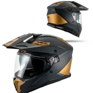 Tani UFO 2026/01 KASK COSMOS OFFROAD / DUAL / TOURER / CROSSOVER Z SZYBĄ, DASZKIEM I BLENDĄ PRZECIWSŁONECZNĄ KOLOR CZARNY/ZŁOTY ROZMIAR S ( ECE 22R06 ) - KOLEKCJA 2026